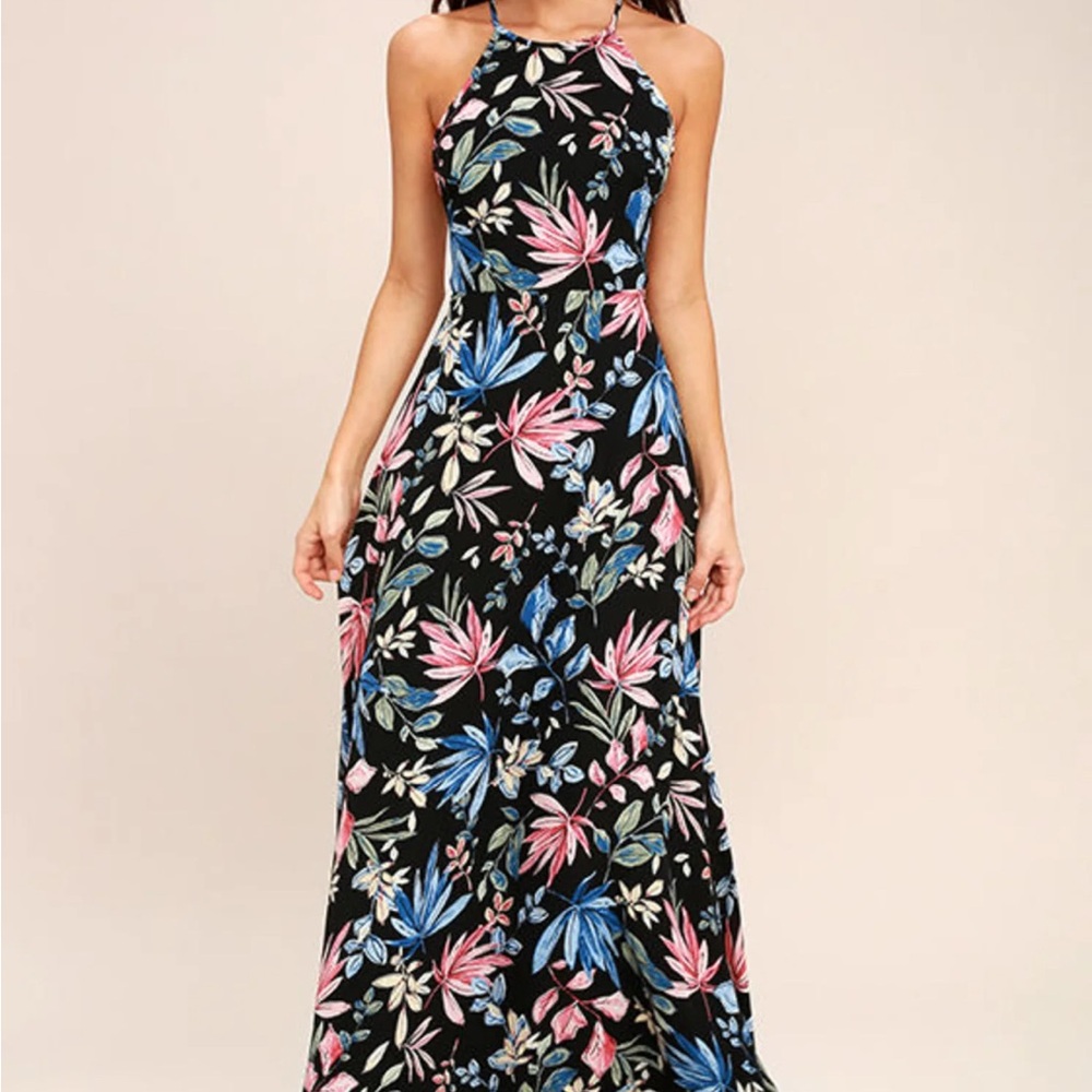NWT Lulu’s Floral Halter Maxi Dress - Black Multicolor